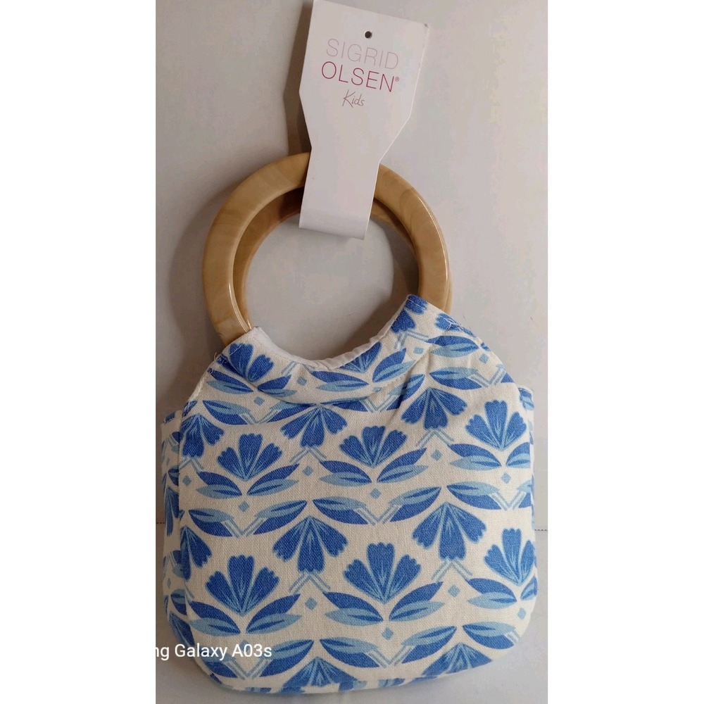 Sigrid Olsen Kids Blue White Floral Canvas Handbag with Wood Ring Handles NEW